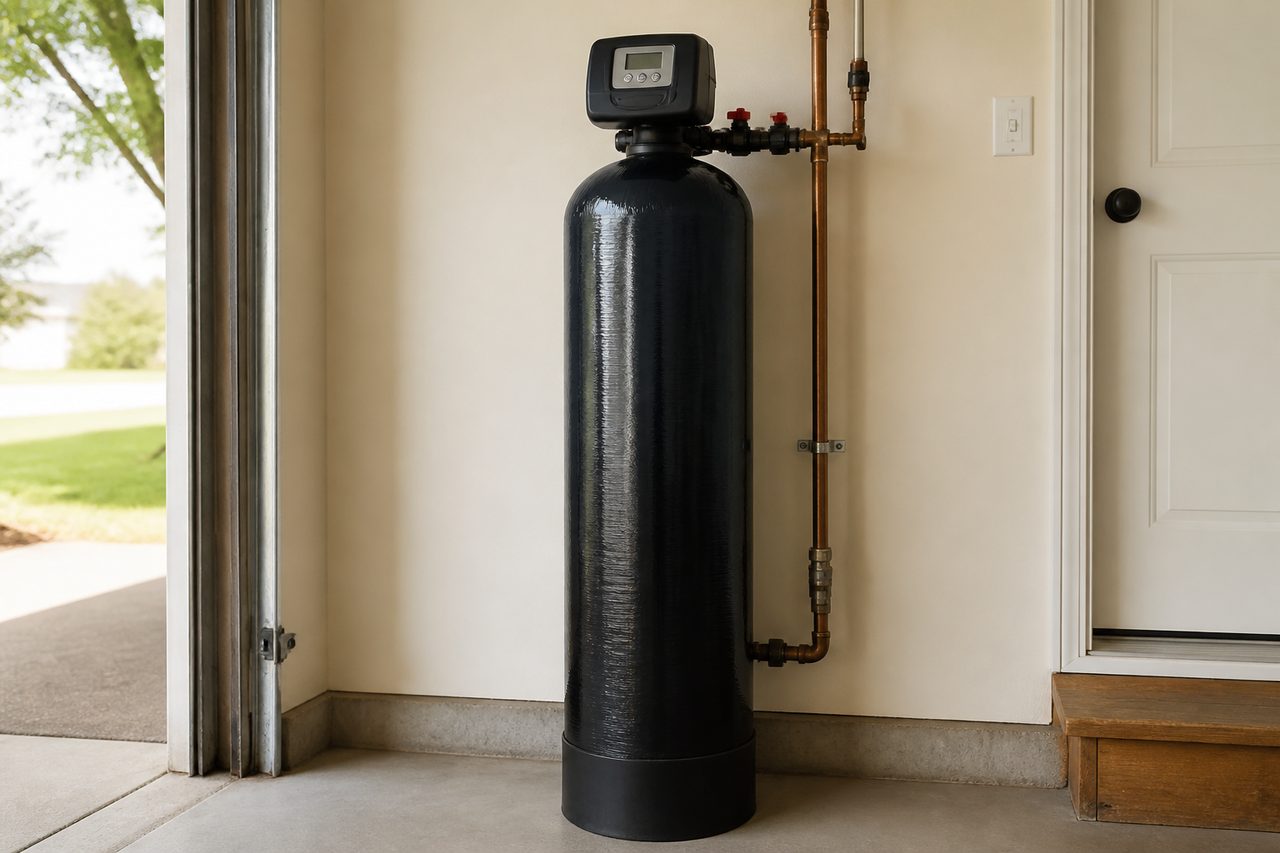 A single black whole-house carbon tank with a control head, installed in a garage and connected to copper pipe.